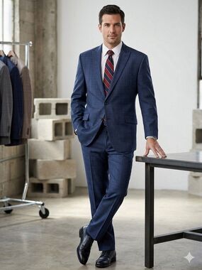 Joseph Abboud JOE Men's Suit 50S Blue Plaid Windowpane Wool Blend 2 Button 42x27